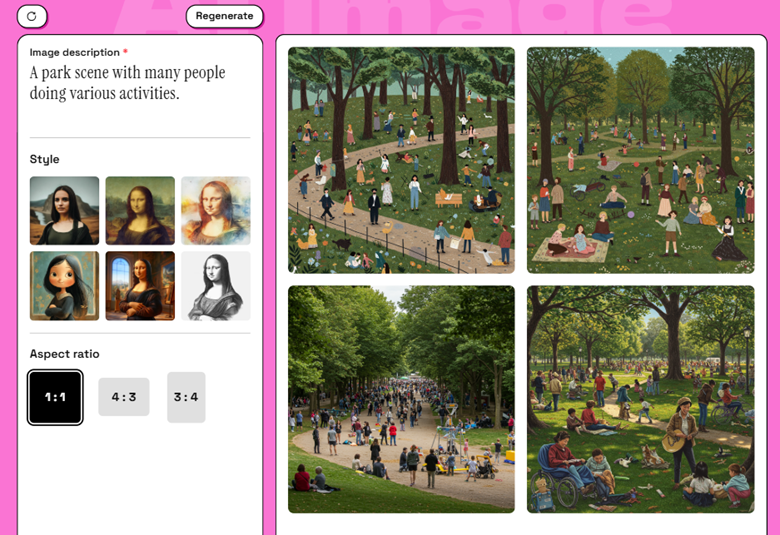 A screenshot of the image creator with the prompt, A park scene with many people doing various activities and four examples of images to choose from.